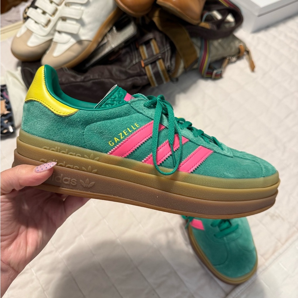 adidas Gazelle Platform Sneakers - Green with Pink and Yellow Accents